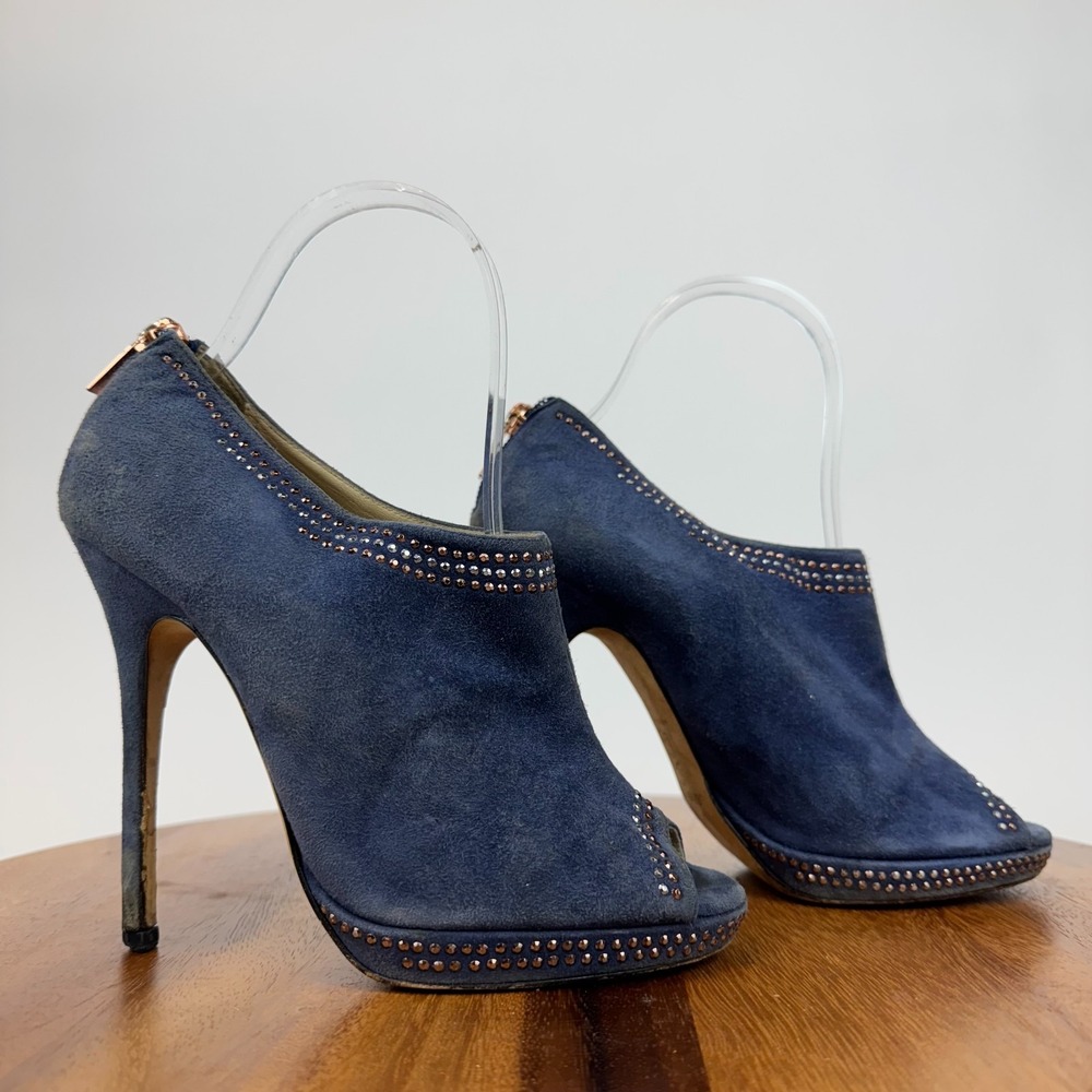 Womens Jimmy Choo Blue Suede Peep Toe Stiletto Ankle Boots Booties Size EU 37‎